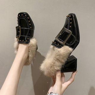 Patent Studded Buckled Chunky Heel Pumps