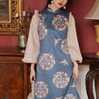 Long-sleeve Pinstriped Qipao / Sleeveless Floral Midi A-line Dress