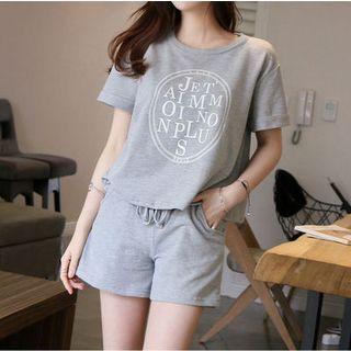 Set: Printed Short-sleeve T-shirt + Drawstring Sweat Shorts
