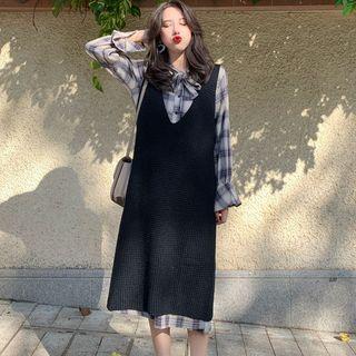 Plaid Long-sleee A-line Dress / V-neck Sleeveless Knit Dress