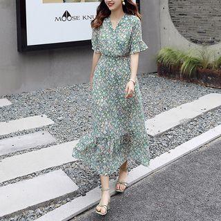 Flared-sleeve Floral Maxi A-line Dress