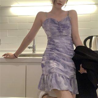 Strappy Tie Dye A-line Dress Tie Dyed - Purplish Blue - One Size