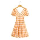 Short-sleeve Gingham Check Tiered A-line Dress
