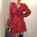 Shirred-front Floral Print Long-sleeve Mini A-line Dress