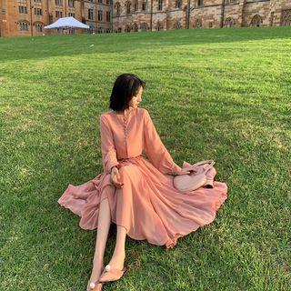 Long-sleeve Chiffon Blouse / A-line Midi Skirt