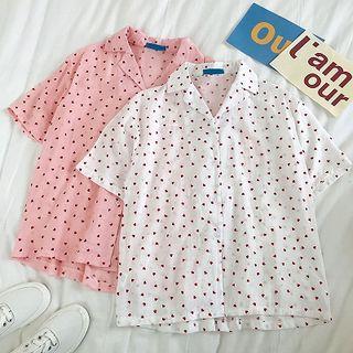 Heart Printed Single-breasted Short-sleeve Blouse