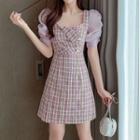 Mesh Puff Sleeve Panel Plaid A-line Dress