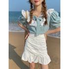 Puff-sleeve Plaid Blouse / Shirred A-line Skirt