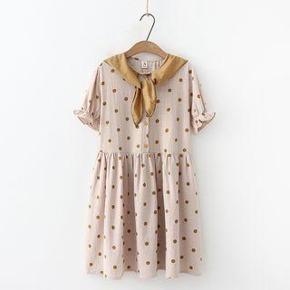 Short-sleeve Dotted A-line Dress Khaki - One Size