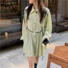 Long-sleeve Contrast Trim Dress Grass Green - One Size