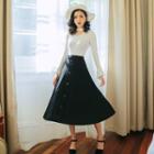 Set: Bell-sleeve Knit Top + Midi A-line Knit Skirt