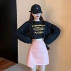 Lettering Long-sleeve T-shirt / Faux Leather A-line Skirt