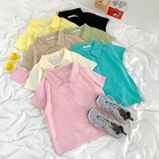 Short-sleeve Plain Polo Collar Knit Top