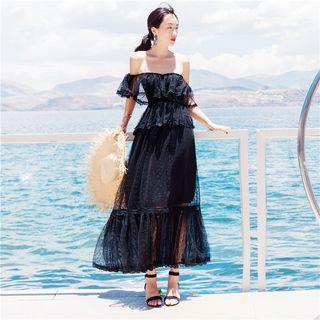 Lace Off Shoulder Short Sleeve Midi Dress