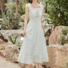 Sleeveless Square-neck Ruffle Trim Midi A-line Dress