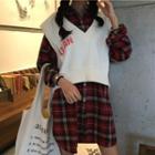 Letter Knit Vest / Long-sleeve Plaid Shirt Dress