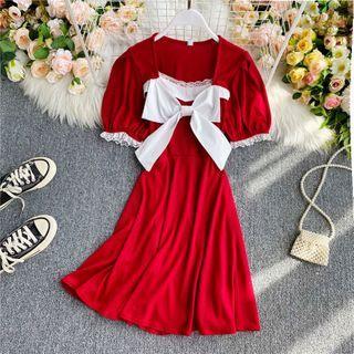 Lace-trim Bow-detail Short-sleeve Midi Dress