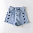 Heart Embroidered Frayed Denim Hot Pants