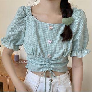Puff-sleeve Checked Buttoned Crop Top