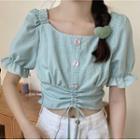Puff-sleeve Checked Buttoned Crop Top
