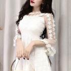 3/4-sleeve Lace A-line Dress White - One Size