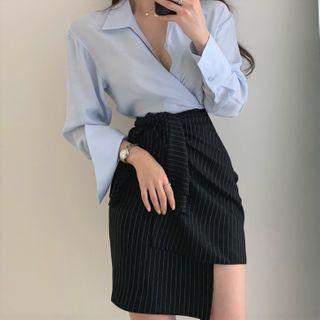 Tie-waist Shirt / Striped Mini A-line Skirt