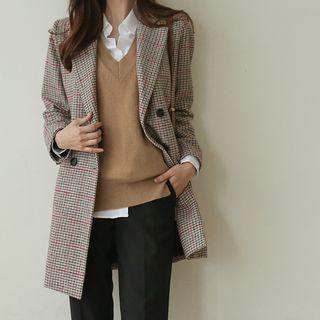 Checked Wool Blend Longline Blazer