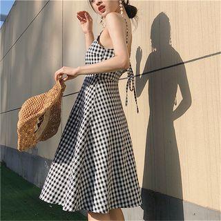 Spaghetti Strap Gingham Midi A-line Dress