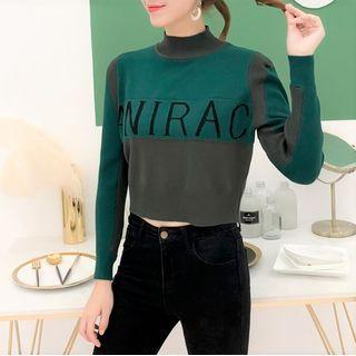 Long-sleeve Lettering Mock-neck Knit Top Green - One Size
