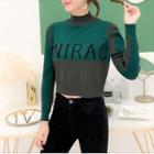 Long-sleeve Lettering Mock-neck Knit Top Green - One Size