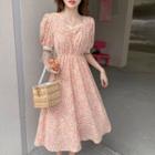 Lace Trim Short-sleeve Floral Print Midi Dress