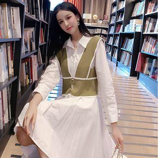 Set: Long-sleeve Plain Shirtdress + Contrast Trim Vest