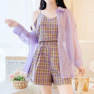 Sleeveless Plaid Top + Plaid Wide-leg Shorts + Long-sleeve Plain Light Jacket