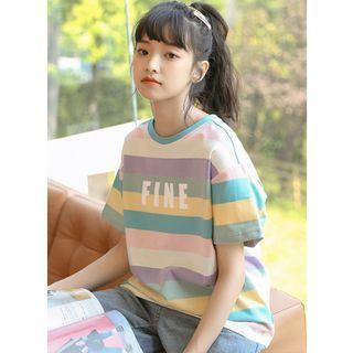Lettering Striped Short-sleeve T-shirt As Shown In Figure - One Size