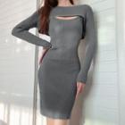 Set: Spaghetti-strap Knit Mini Sheath Dress + Long-sleeve Shrug Gray - One Size