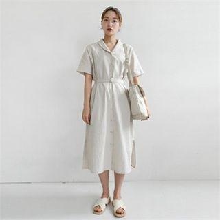Slit-side Linen Blend Shirtdress With Sash