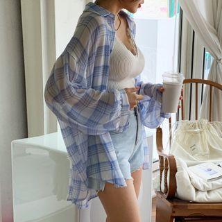 Drop-shoulder Sheer Plaid Shirt