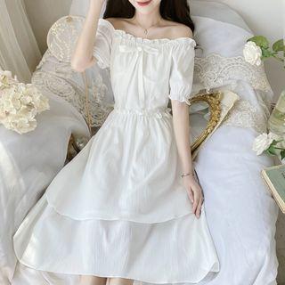 Off-shoulder Bow Accent Midi A-line Dress