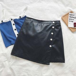 Faux-leather Plain High-waist Skirt