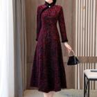 Long-sleeve Fluffy Trim Midi A-line Qipao Dress