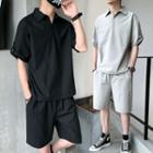 Set: Elbow-sleeve Collar T-shirt + Wide-leg Shorts