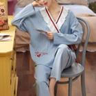 Loungewear Set : Long-sleeve Wood Ear Trim Wrapped Top + Pants
