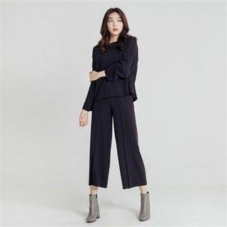 Set: Plain Knit Top + Cropped Knit Pants Black - One Size