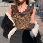 Sleeveless Lace Trim Leopard Print Top Leopard - Black & Khaki - One Size