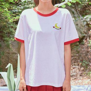 Moon & Rose Embroidered Ringer T-shirt