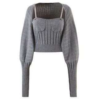 Set: Open Front Cardigan + Chain Strap Knit Camisole Top