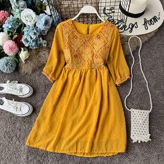 Round-neck Embroidered Elbow-sleeve Dress