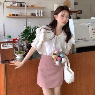 Elbow-sleeve Collar Blouse / Mini A-line Skirt