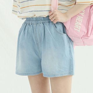 Band-waist Washed Denim Shorts Blue - One Size