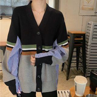 Striped Panel V-neck Cardigan Black & Green & Brown - One Size
